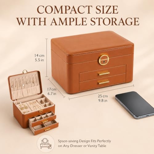 Large Jewelry Box for Women, 3-Layer Organizer with 2 Drawers