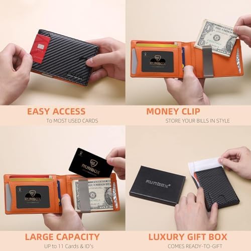 RUNBOX Slim Wallet for Men - RFID Blocking Leather Bifold with Money