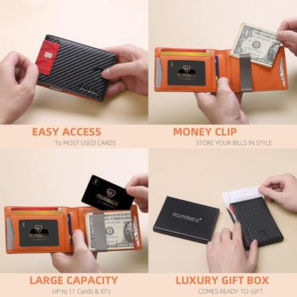 RUNBOX Slim Wallet for Men - RFID Blocking Leather Bifold with Money