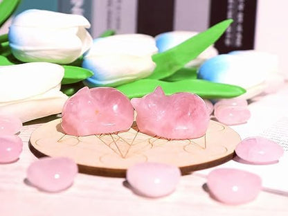 QINJIEJIE Rose Quartz Cat Decor Pink Gift Crystals Cat Stone Figurine