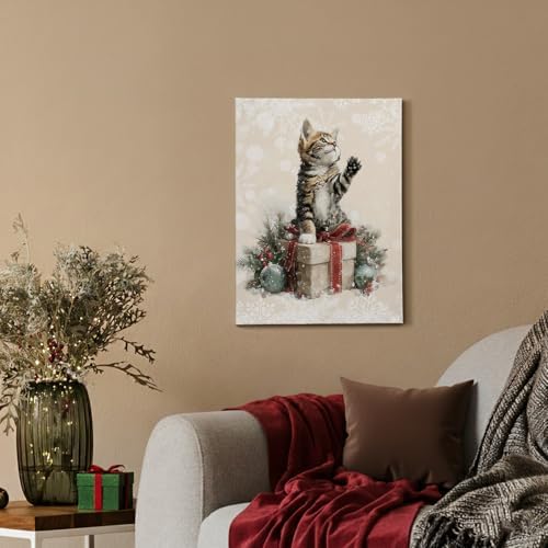 Voxitura Cute Christmas Cat Tabby Wall Art Canvas, Winter Snow Wall
