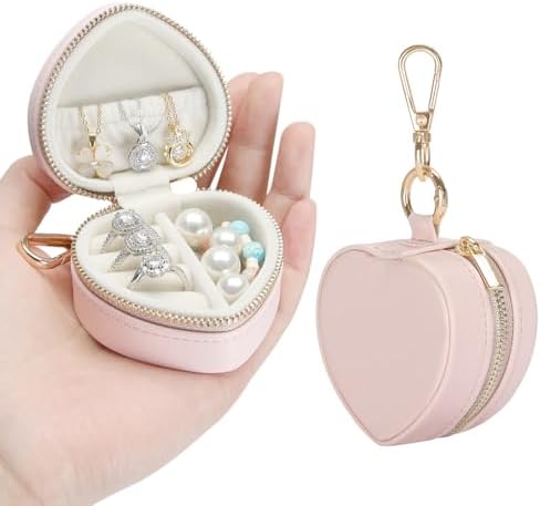 KUKUVR Mini Heart Travel Jewelry Box with Keychain (Pink)