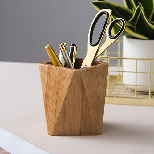 Bamboo Wood Pen Holder Stand for Desk Geometric Pencil Cup Pot Cute