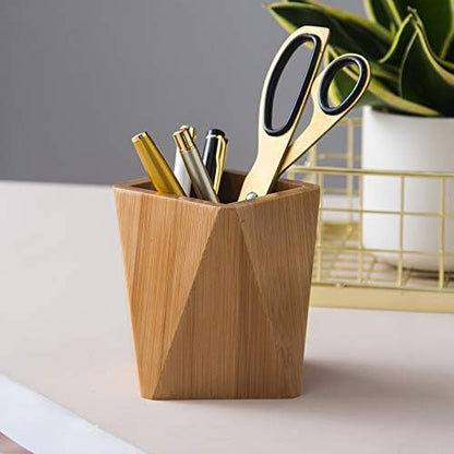Bamboo Wood Pen Holder Stand for Desk Geometric Pencil Cup Pot Cute