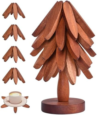 Wooden Trivets for Hot Dishes,Christmas Tree Coasters Set 5 + 1 Stand