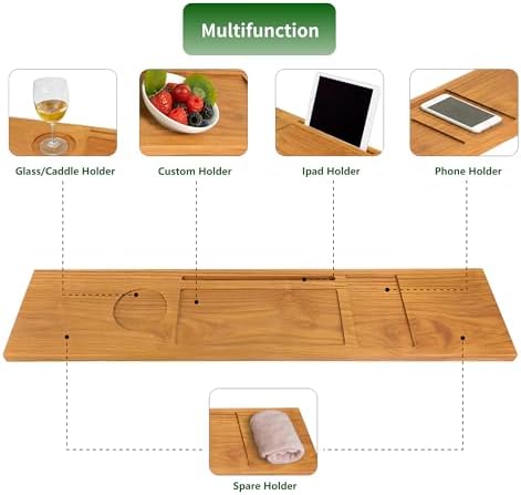 VaeFae Teak Wood Bathtub Tray Table with Wine and iPad Holder