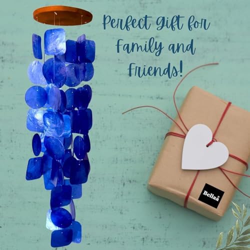 Wind Chimes Outdoor, Capiz Sea Glass Shells Wood Blue 27 Inch – Garden