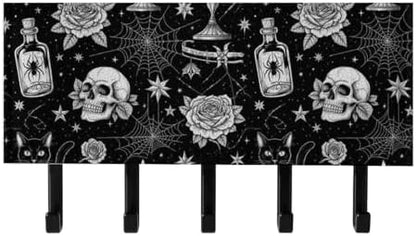 Luxury Leather Wall Mounted Key Hooks Black Cat Rose Skull Goth, Mail