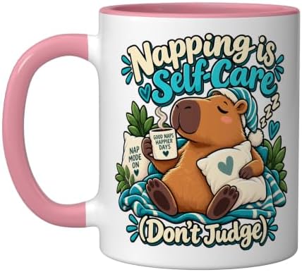 Napping Is Self-Care Funny Capybara Ceramic Mug, Pink/White, 11oz