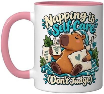 Napping Is Self-Care Funny Capybara Ceramic Mug, Pink/White, 11oz