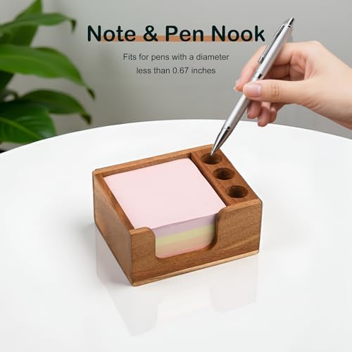 Acacia Wood Sticky Note Holder with 3 Pen Holders, 3x3 Post It Note