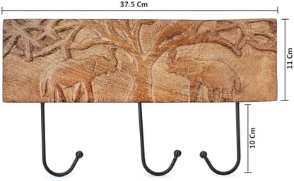 Ajuny Wooden Cloth Hooks Wall Mounted Coat Rack 3 Hooks with Carving