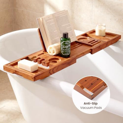 Teak Bathtub Tray, Expandable Bath Caddy 28.5-40", Stained