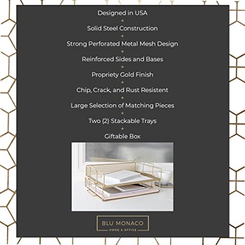 BLU MONACO | Paper Tray Stackable Gold Mesh Set of 2 | Stackable File