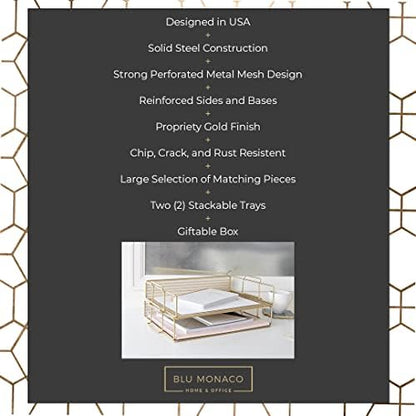 BLU MONACO | Paper Tray Stackable Gold Mesh Set of 2 | Stackable File