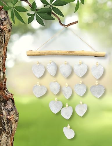 Heart Windchime - XL White Capiz Shell Driftwood Wood Bead Wind Chime