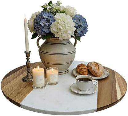 18" Marble & Wood Lazy Susan Turntable, Rotating Serving Tray
