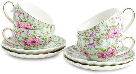 Agyiuns Tea Cup and Saucers, 6.4oz Floral Tea Cups with Gold Trim