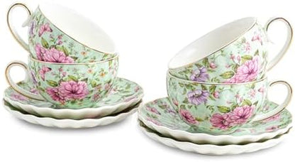 Agyiuns Tea Cup and Saucers, 6.4oz Floral Tea Cups with Gold Trim
