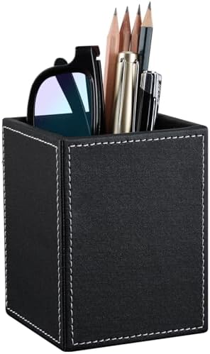 KINGFOM PU Leather Square Pens Pencils Holder Cup Desktop Stationery
