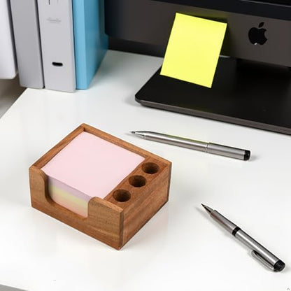Acacia Wood Sticky Note Holder with 3 Pen Holders, 3x3 Post It Note