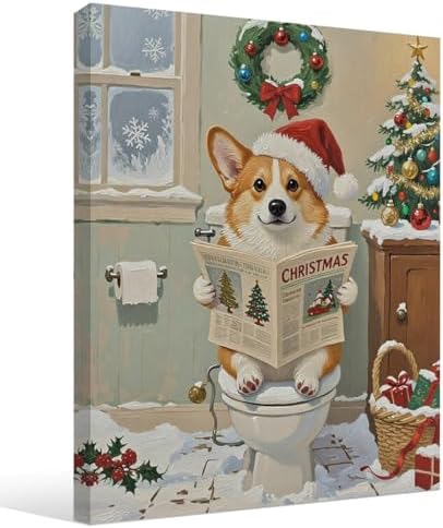 STHTTSW Christmas Dog Bathroom Wall Art, Cute Corgi on Toilet Canvas