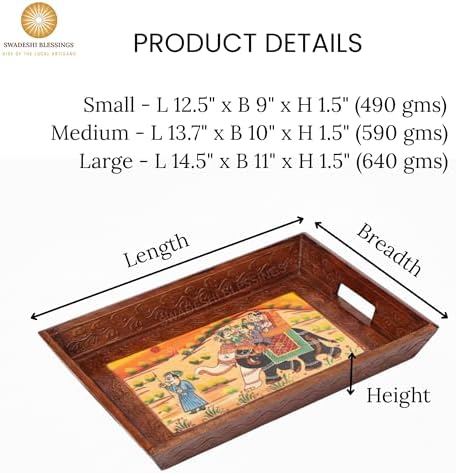 Swadeshi Blessings Hand-Painted Wooden Serving Tray Set of 3, Brown