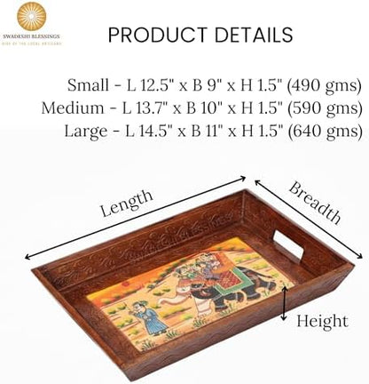 Swadeshi Blessings Hand-Painted Wooden Serving Tray Set of 3, Brown