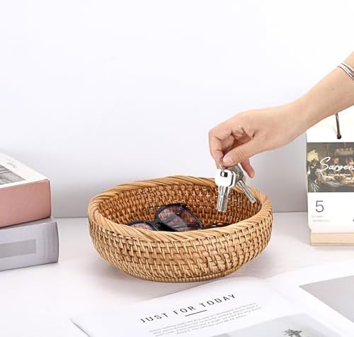 Small Keys Basket for Entryway Table 7.9" Rattan Key Bowl Round Wicker