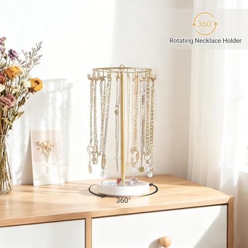 Mkono Rotating Necklace Holder, Gold Jewelry Display Rack Organizer