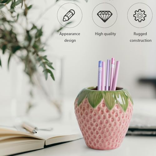 Sixbaole Pink Strawberry Ceramic Pencil Holder for Desk, Cute Office