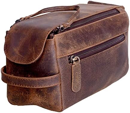 KomalC Buffalo Leather Toiletry Bag for Men & Women, Travel Pouch