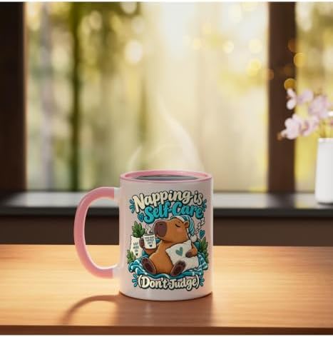 Napping Is Self-Care Funny Capybara Ceramic Mug, Pink/White, 11oz
