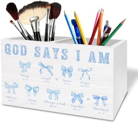 Coquette Blue Bow Christian Pen Holder for Desk, God Says I Am Bible