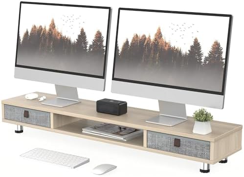 Fenge Dual Monitor Stand, 2-Tier Desk Organizer with Drawers, 42.5in
