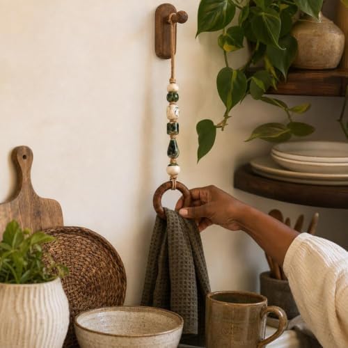 Decorative Beaded Towel Hanger with Wooden Ring - Boho Hand Towel