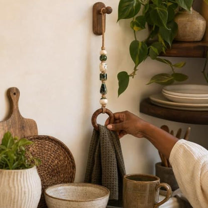 Decorative Beaded Towel Hanger with Wooden Ring - Boho Hand Towel