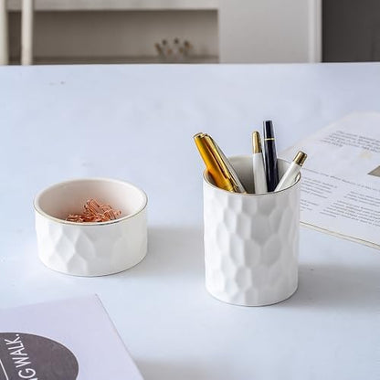 Aesthetic Desk Organizer Set of 2 For Office, Ceramic Pen Holder and