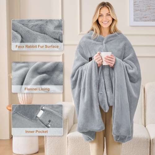 Cordless Faux Rabbit Fur Heated Wearable Blanket Shawl Battery Powered
