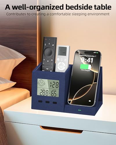 Desk Organizer with Wireless Charger, Digital Clock, Thermometer &