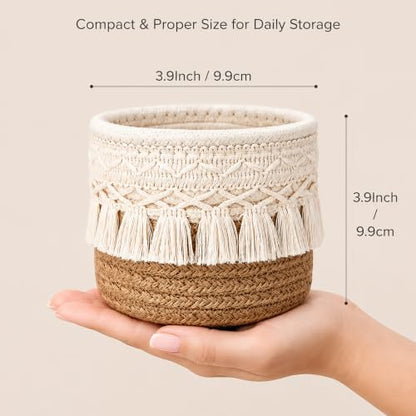 2Pcs Boho Macrame Cotton Woven Storage Baskets 3.93 Inch Foldable Mini