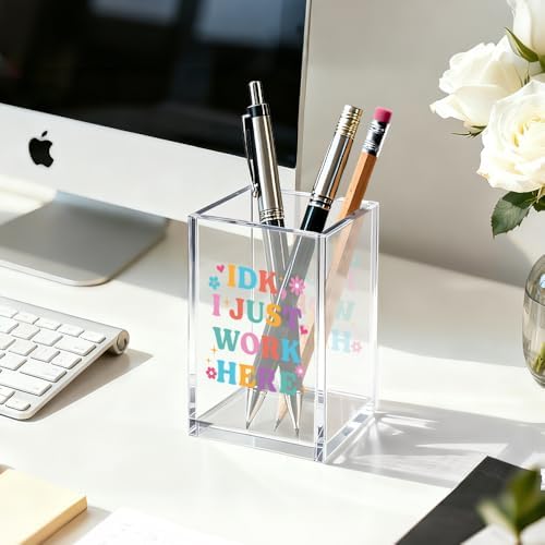 I Just Work Here Pen Holder for Desk, Cute Desk Accessories for Work