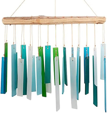 Ocean Blue Sea Glass Driftwood Wind Chime, Handcrafted Coastal