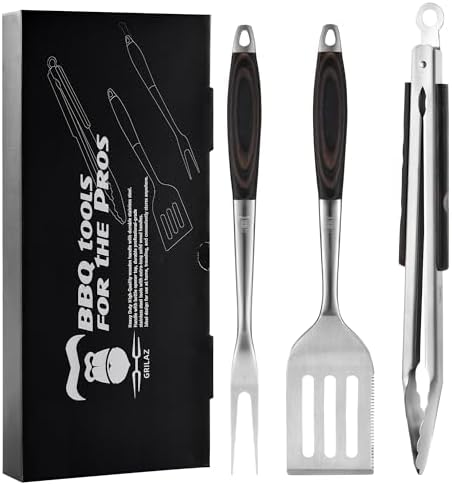 Grilaz Stainless Steel BBQ Tool Set | Dark-Dyed Wood Handles | Heavy