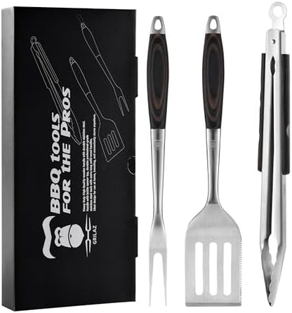 Grilaz Stainless Steel BBQ Tool Set | Dark-Dyed Wood Handles | Heavy