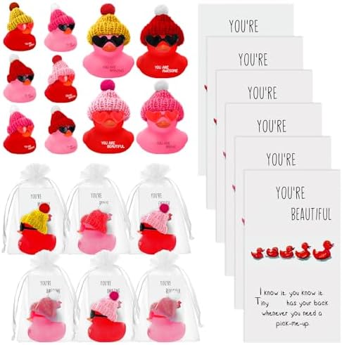 Liliful 24 Sets Pink Red Rubber Ducks with Knit Hat Sunglasses Card