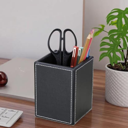 KINGFOM PU Leather Square Pens Pencils Holder Cup Desktop Stationery