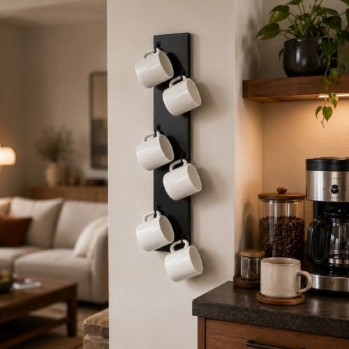 Black Wooden Cup Wall Hanger Organizer Mounted Rack Coffee Station