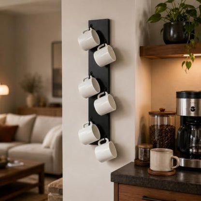 Black Wooden Cup Wall Hanger Organizer Mounted Rack Coffee Station