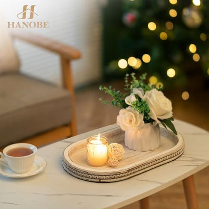 Hanobe 15" White Oval Decorative Trays for Coffee Table Decor, Beaded